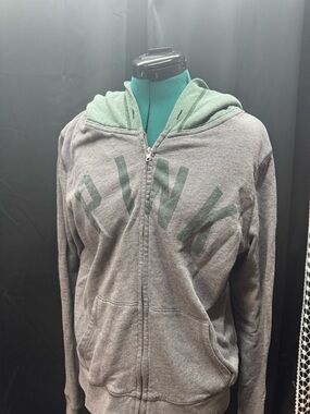 PINK MSU Grey Zip-Up Hoodie with Green Accents